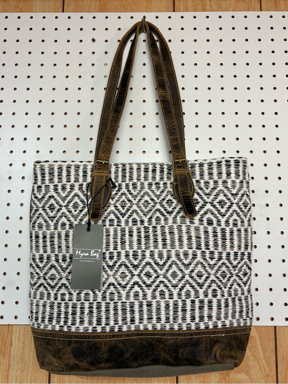Myra Bag Black, Gray & White Geometric Tote with Brown Leather Accents NWT